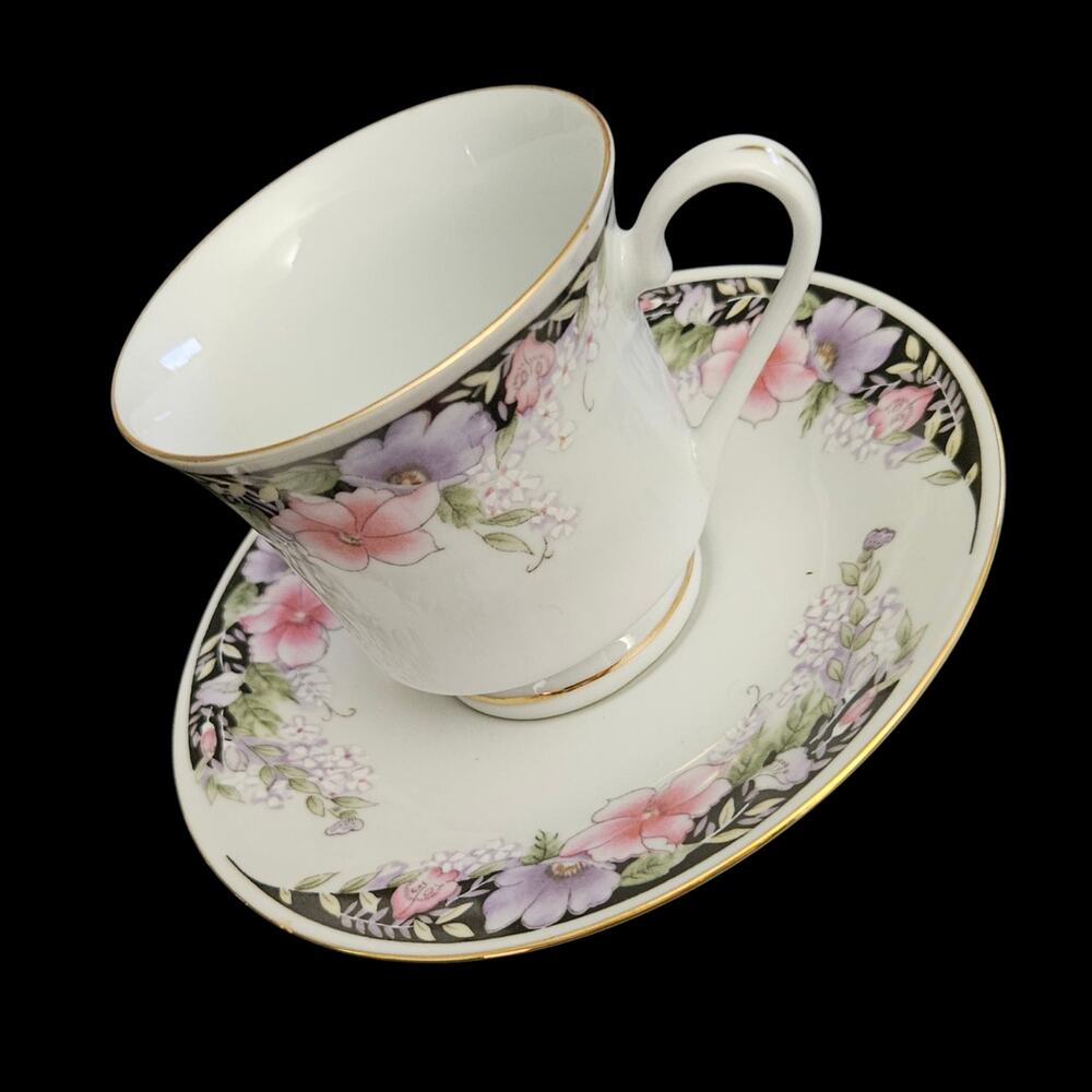 Imperial's Universal Fine China Floral Cup & Saucer Sets Gold Trim Set of 2